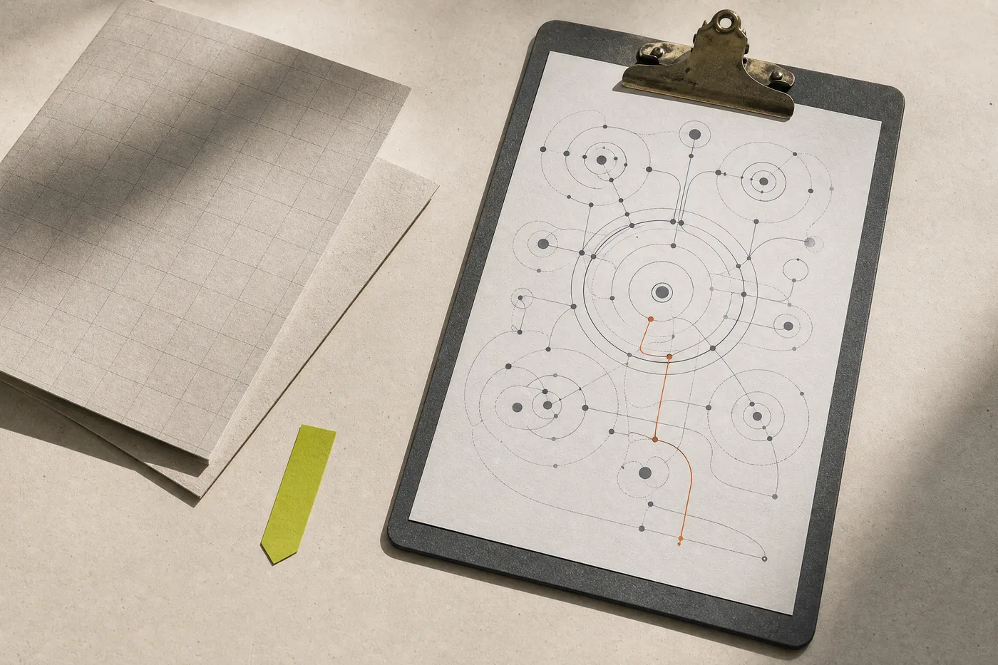 Abstract planning clipboard and connected decision points representing a content review worksheet
