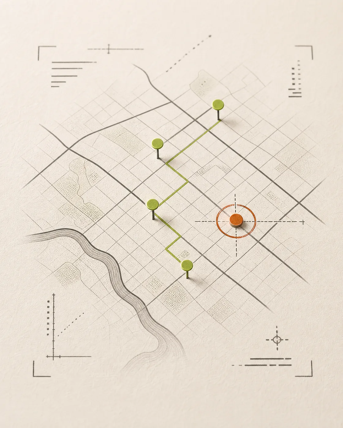 Abstract route and marker illustration representing service-area evidence planning